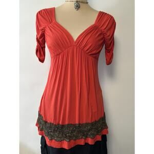 Namuu Y2K Babydoll Top Tunic Coquette Ruched Medium Deep V-neck Coral Lace USA